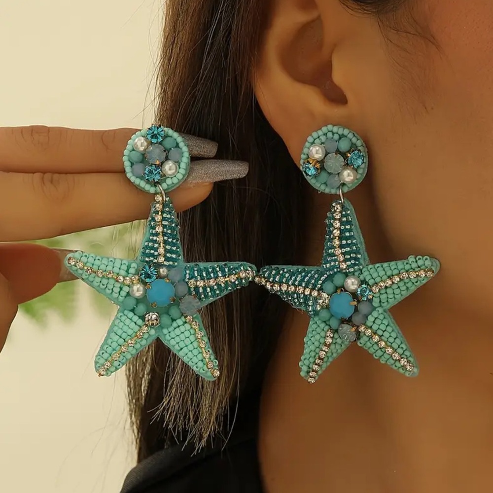 🐚 Handmade Teal & Blue Starfish Beaded Cloth Drop  Statement Nautical Earrings